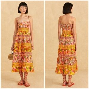New! FARM Rio Vibrant Orange and Pink Midi Dress